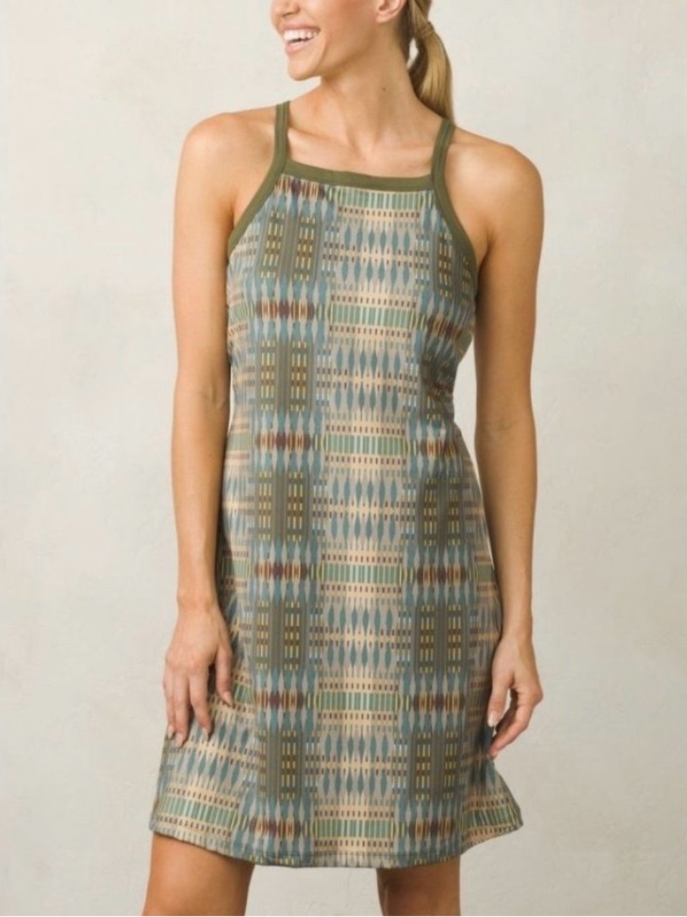 PrAna Ardor Desert Geo Tank Dress Green Gold Built in Bra Stretchy Athleisure L